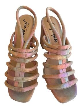 Free People Iridescent Metallic Strappy Slingback Block Heel Sandals SZ: 8.5|NWT
